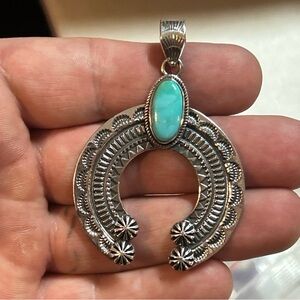STERLING SILVER NATIVE KINGMAN TURQUOISE STAMPED FLOATING NAJA PENDANT 2 3/4”